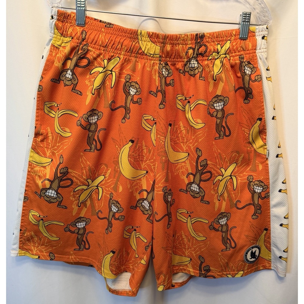 Flow Society Men's XL Monkey Banana Print Shorts Lacrosse Gear Orange Yellow